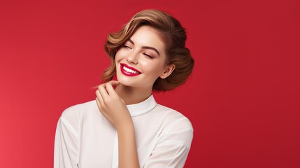 Attractive lady in white blouse clapping on pink background.  beautiful lady with red bandage on her hair and with bright lipstick in blouse poses.