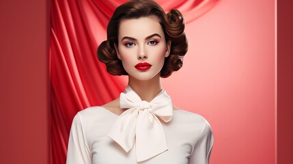 Attractive lady in white blouse clapping on pink background.  beautiful lady with red bandage on her hair and with bright lipstick in blouse poses.