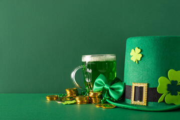 St. Patrick's Day theme. A side view photo displaying beer mug, green shamrocks, scattered gold coins, bow tie, a leprechaun hat, beads decor, all set against a verdant background
