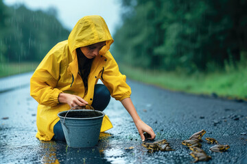 Young woman helping amphibians, toad migration - 726324613