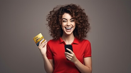 African American woman, red shirt, using phone with happiness, red background
