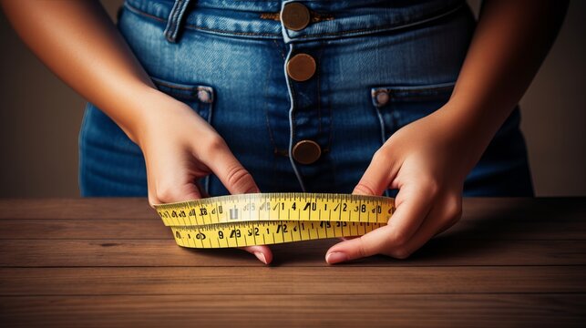 Beautiful young woman with big jeans and measuring tape