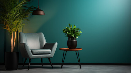 Elegant armchair in the studio. A combination of matte black and dark emerald color.