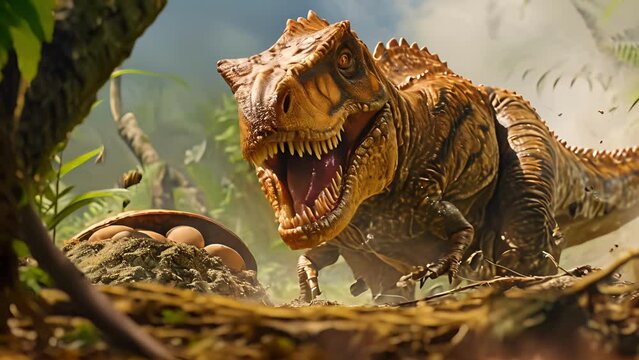 A dramatic image of a fiercelooking dinosaur mother guarding her nest of eggs her sharp claws and teeth visible in the foreground.