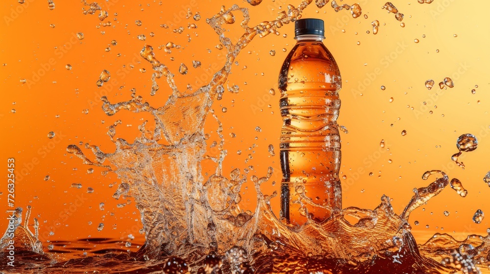 Aufkleber a fizzy beverage bursts from its bottle, creating a vibrant splash in the crystal clear water, symbo