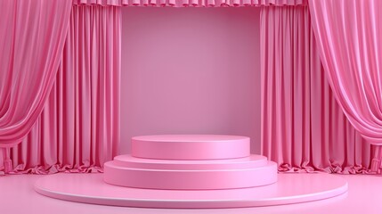 podium empty with geometric shapes curtain pink
