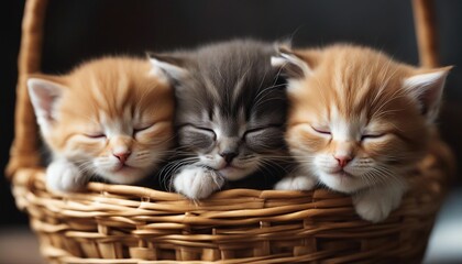 Fototapeta na wymiar kittens sleeping in a basket, blurry background 