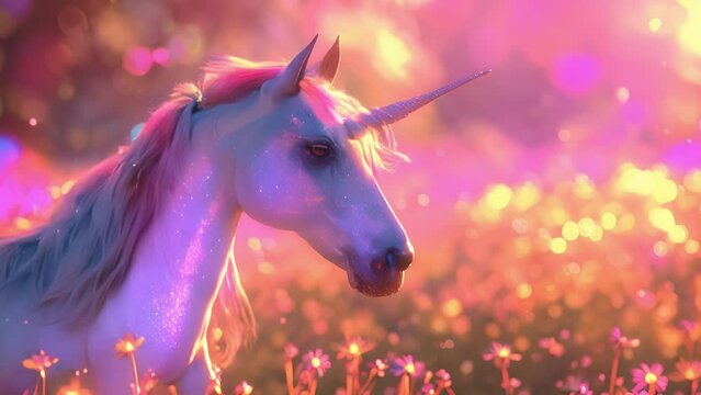 A majestic unicorn with a shimmering rainbow mane and a gentle expression standing in a field of holographic flowers.