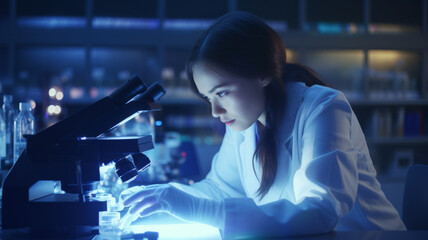 Girl scientist is busy studying samples on a microscope - obrazy, fototapety, plakaty