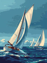 Sailboats with billowing sails race across the open ocean. - obrazy, fototapety, plakaty