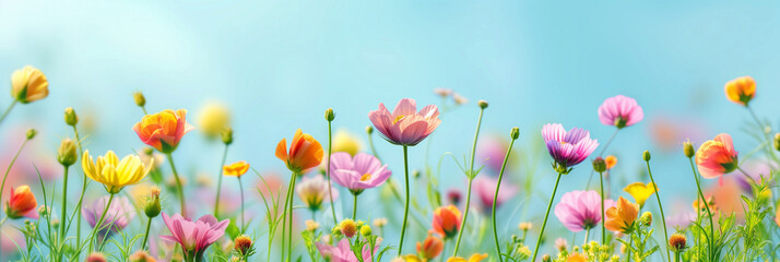 Spring flower meadow in bright colors, against a background of light blue sky, banner background with space for text