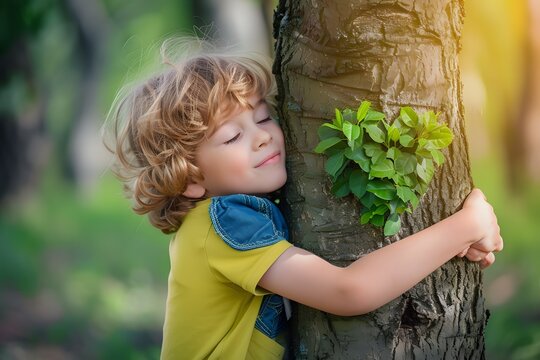 Child hug tree with green heart shape for Earth day or Environment day concept background.