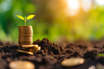 Saplings sprouting from stacked coins on fertile soil, illustrating the concept of investment growth and financial planning. - 726326001