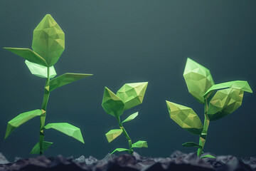 Polygonal plants rise in a digital art style against a dark background, illustrating the concept of growth in the digital age.