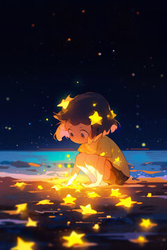 Loute little girl squatting by the beach, picking up stars.