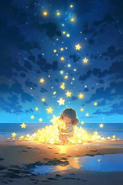 Loute little girl squatting by the beach, picking up stars.