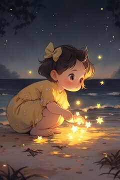 Loute little girl squatting by the beach, picking up stars.