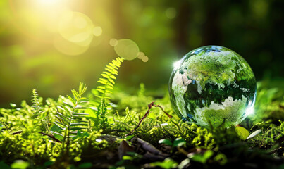Globe Glass with CO2 icons In Green Forest With Sunlight.Reduction of carbon emissions, carbon neutral concept. Net zero greenhouse gas emissions target - obrazy, fototapety, plakaty
