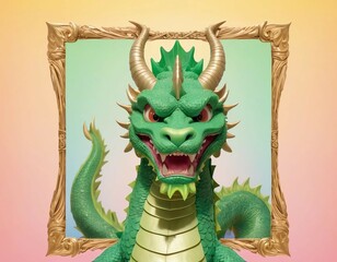 Fototapeta premium portrait of the green dragon of the symbol of the year in a frame on a pink background, the concept of a greeting card with the symbol of the year according to the Chinese calendar