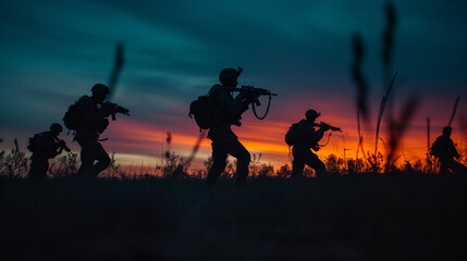 Silhouette of a military squad at dusk, moving strategically, focus on teamwork and determination, set against a dramatic, fading skyline - obrazy, fototapety, plakaty