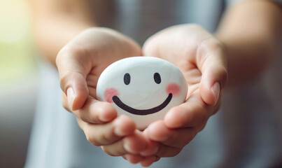 Hands holding happy smile face. mental health positive thinking and growth mindset, mental health care recovery to happiness emotion.