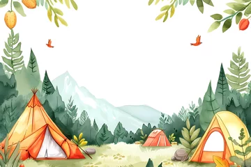 Fotobehang  Cute cartoon camping frame border on background in watercolor style. © Pacharee