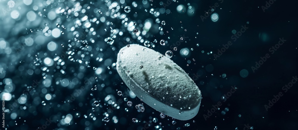 Aufkleber fizzing pill tablet dissolved in water on a dark contrasting backdrop.