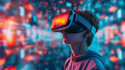 A young boy fully immersed in a virtual world, his human face hidden by the goggles, dressed in casual clothing and wearing a hat, illuminated by the glow of the virtual reality light