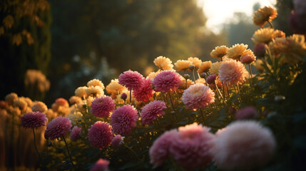Obraz na płótnie Canvas cinematic beauty of a garden filled with Chrysanthemums during sunset