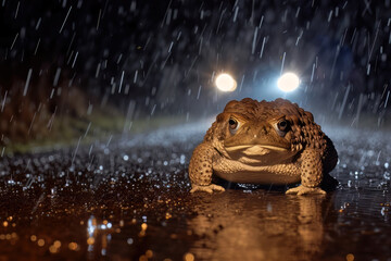 Toad migration. Toads on a country road in rainy night - 726327069