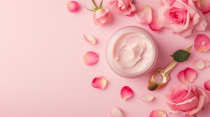 Obraz na płótnie Canvas A jar of pink rose face cream sits atop a birthday cake adorned with delicate petals, inviting you to indulge in a luxurious indoor spa experience on valentine's day