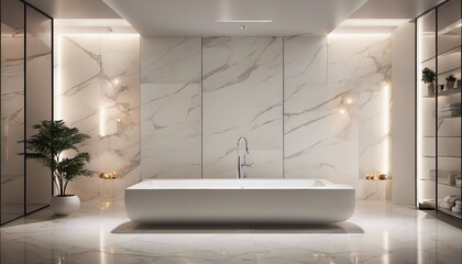 minimalist bathroom design in white marble, warm spot lights

