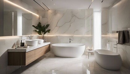 Fototapeta na wymiar minimalist bathroom design in white marble, warm spot lights