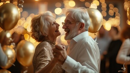 Senior couple dancing with joy at a festive event with golden balloons, capturing a moment of love and celebration in later life