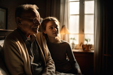 Naklejka premium Serene Afternoon Conversation: In soft glow of afternoon light, grandfather shares a poignant moment with his granddaughter, creating bonds and memories that transcend generations.