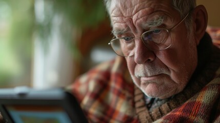 An elderly gentleman, adorned in glasses and wrinkles, gazes intently at his tablet while basking in the comfort of his indoor attire