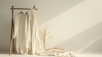 The crisp white garment stands against the textured wall, a symbol of minimalistic artistry within the indoor space