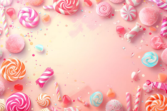 Cute cartoon candy frame border on background in watercolor style.