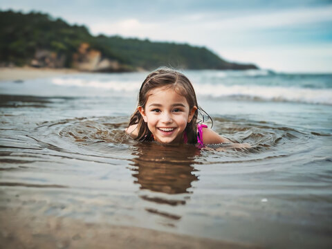 Cute little girl swimming in the sea on a sunny day.
