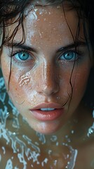 A woman's delicate features glisten with water droplets, emphasizing the curve of her eyelashes and the arch of her eyebrow, as she gazes soulfully into the camera