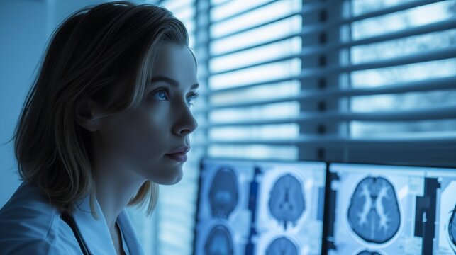 Focused Female Doctor Reviewing Brain Scans, Depicting Medical Expertise And The Analytical Process In Healthcare Diagnostics