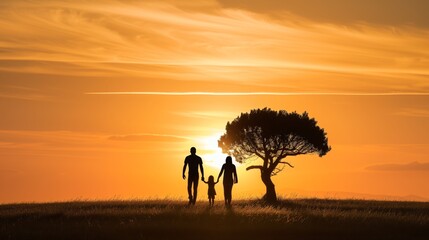 Fototapeta na wymiar Silhouette of a family holding hands at sunset, creating a tranquil scene of togetherness and love against a vibrant sky
