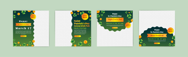 Banner for Saint patrick's day. Social media post for Saint patrick's day. Banner design for Saint Patrick's Day with clover leaf ornament and gold coins. - obrazy, fototapety, plakaty