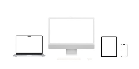 Modern computer devices transparent. Including computer display, laptop, tablet, and smartphone, various screen resolutions for app or web page presentations. Isolated screens perfect for mockup