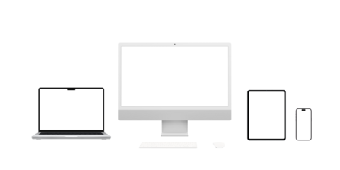 Modern computer devices transparent. Including computer display, laptop, tablet, and smartphone, various screen resolutions for app or web page presentations. Isolated screens perfect for mockup
