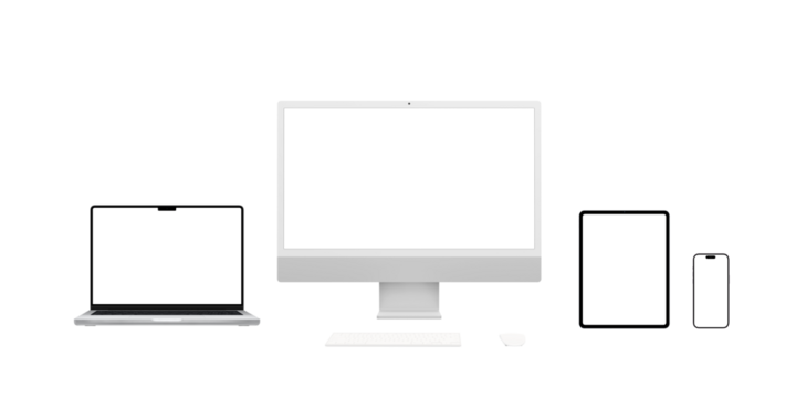 Modern computer devices transparent. Including computer display, laptop, tablet, and smartphone, various screen resolutions for app or web page presentations. Isolated screens perfect for mockup