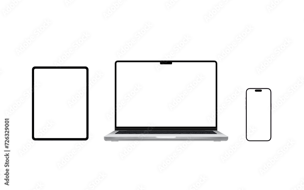 Poster Laptop, tablet, and smartphone transparent with isolated screens for app or web page presentation mockups. Versatile devices for design creation