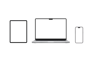 Laptop, tablet, and smartphone transparent with isolated screens for app or web page presentation mockups. Versatile devices for design creation