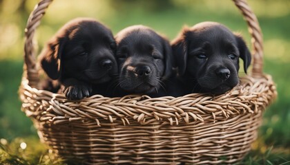 puppies sleeping in a basket, blurry background, warm lights.
