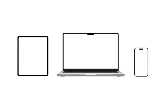Laptop, tablet, and smartphone transparent with isolated screens for app or web page presentation mockups. Versatile devices for design creation